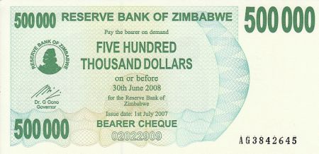 Zimbabwe 500000 Dollars 2008 - Chiremba, Bleu et vert, Éléphants